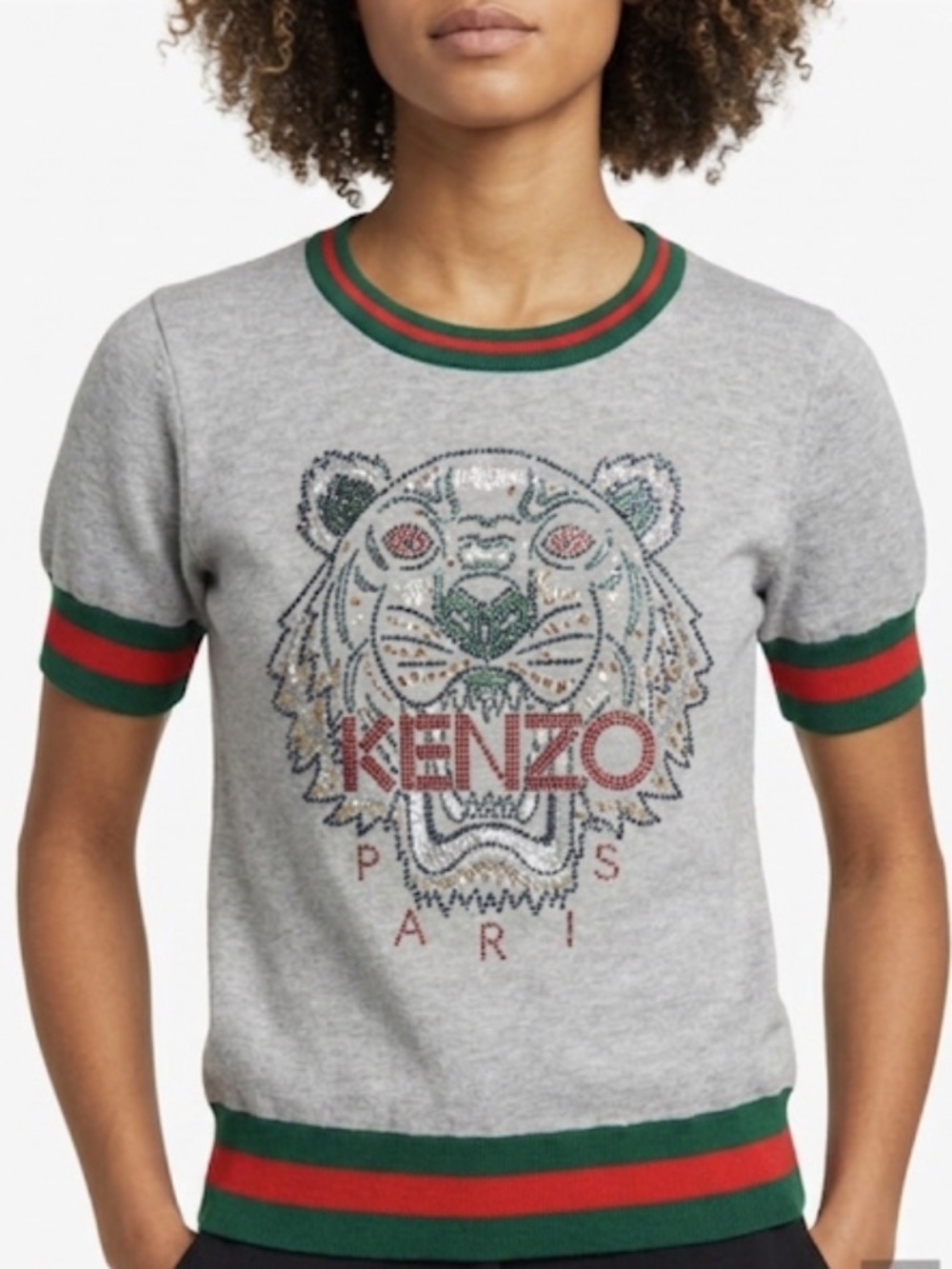 Kenzo Gray Sweater with Embellished Tiger and Red-Green Trim
